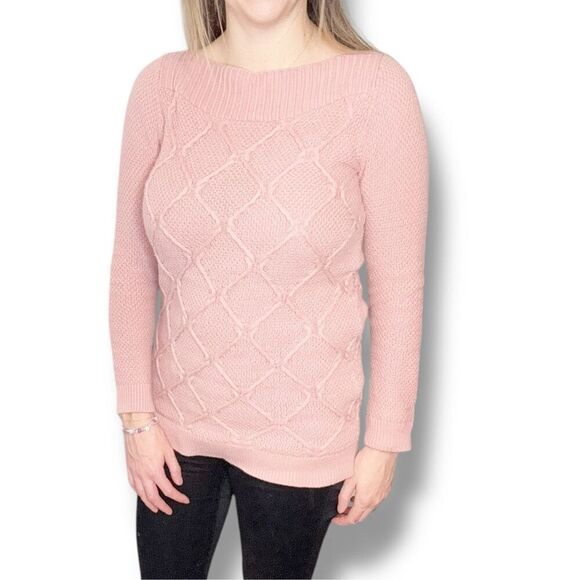 LOFT Dusty Pink Cable Knit Cotton Wide Neck Long Length Sweater Women’s Size XS - Picture 3 of 10